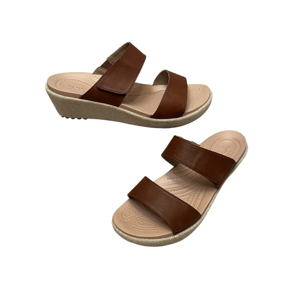 CROCS A-Leigh Brown Leather 2 Strap Canvas Wedge Comfort Sandals Women’s size 7